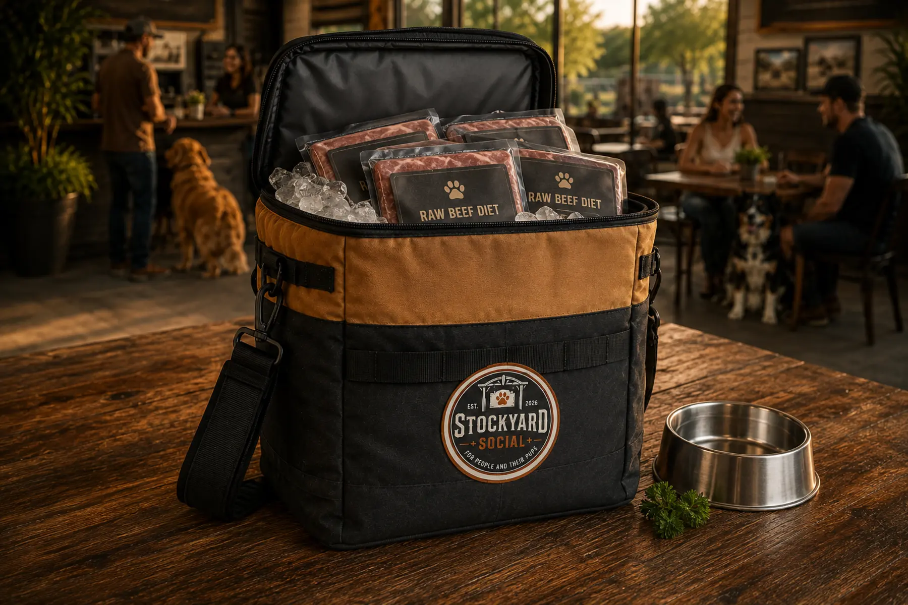 Stockyard Social soft cooler filled with raw beef diet packages for dogs