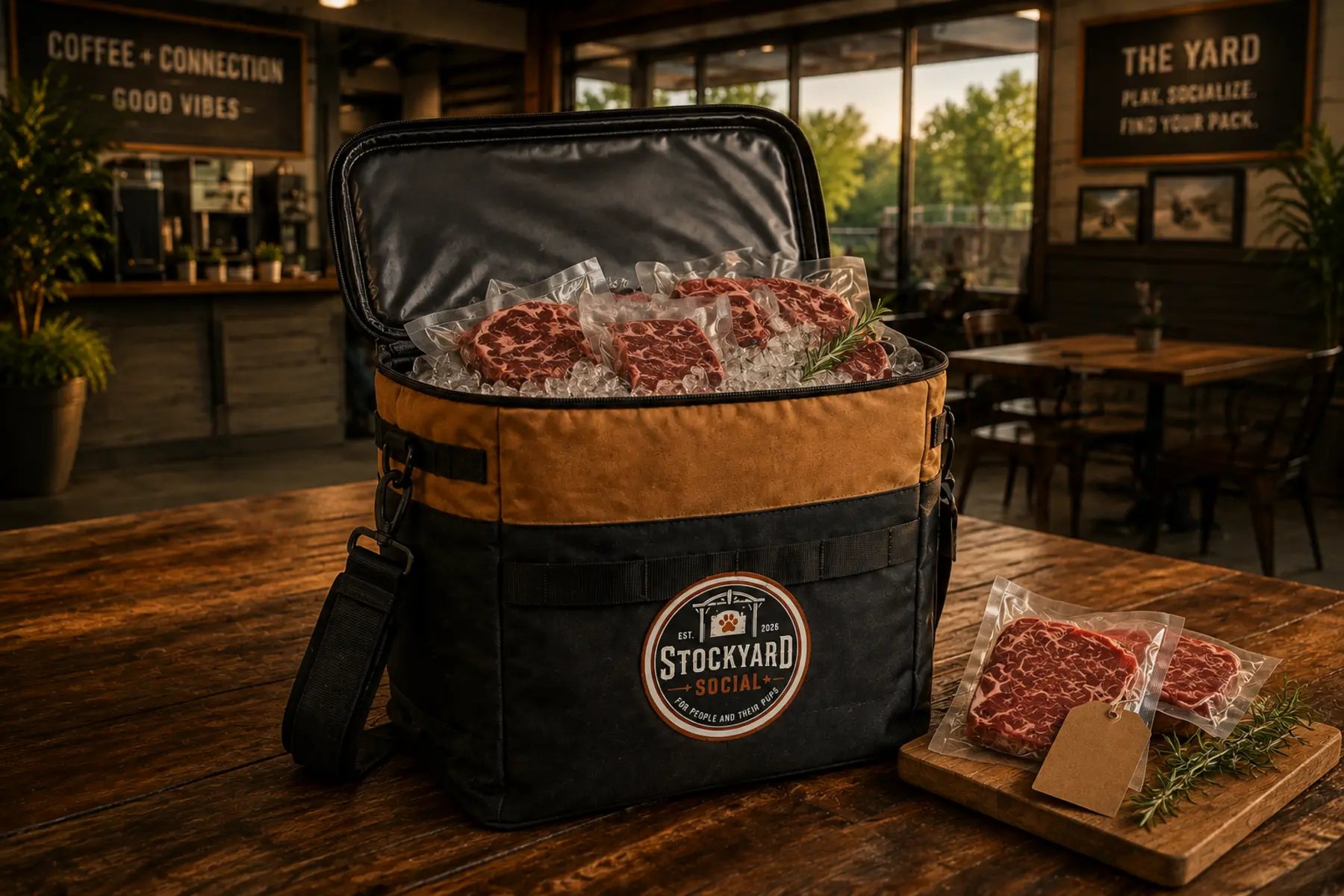 Stockyard Social soft cooler filled with premium grilling steaks
