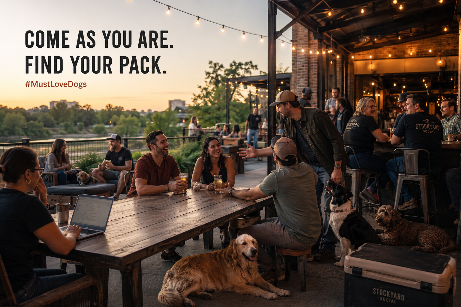 Friends, remote workers and dogs gathering on the future patio