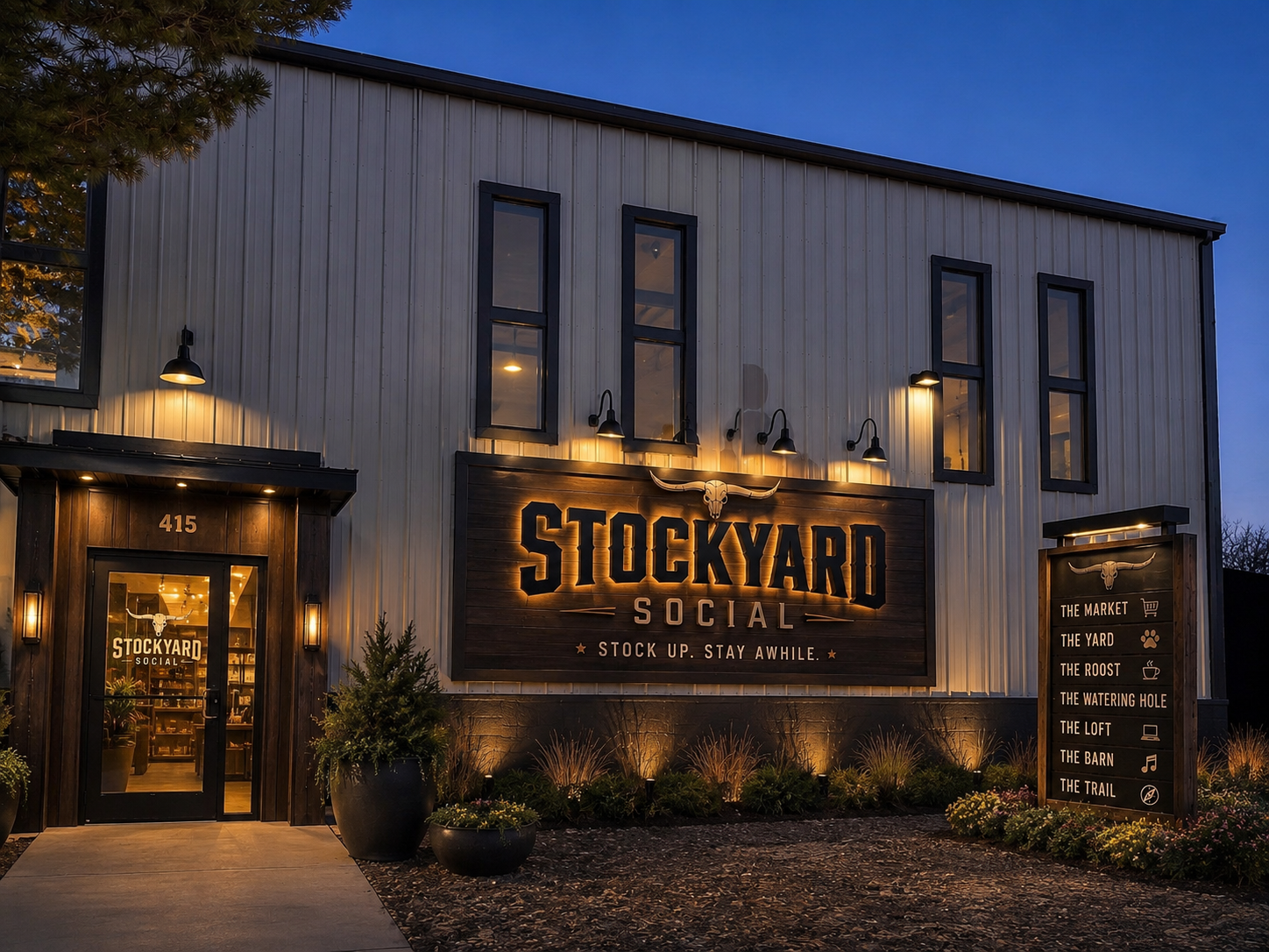 Future vision for Stockyard Social at dusk